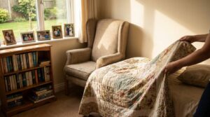 Care-home bedroom personalised with a quilt armchair and family photos