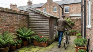 Narrow lean-to timber shed in a terraced house courtyard with a bicycle being wheeled towards it