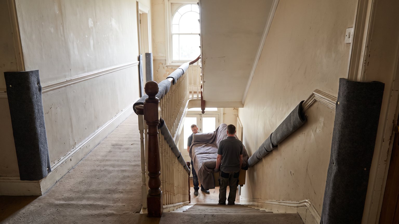 Two movers carrying a blanket-wrapped sofa down the narrow communal stairs of a converted townhouse